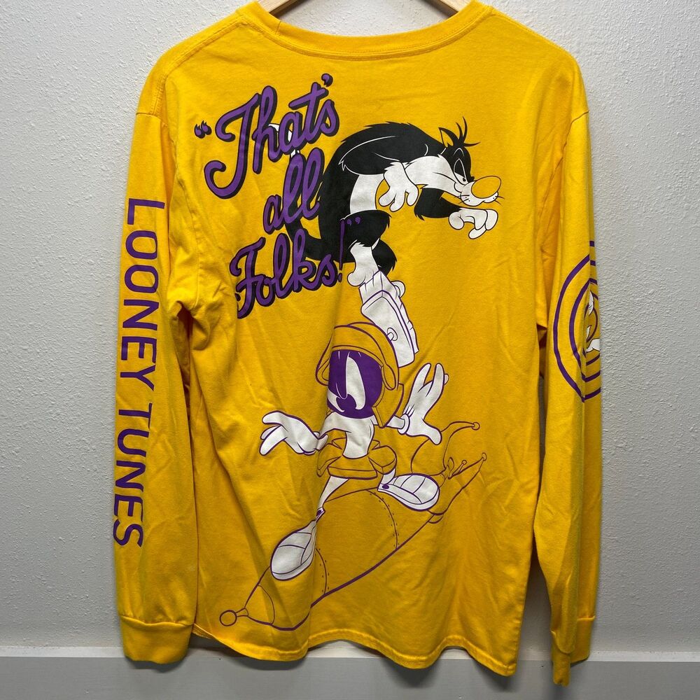 Looney Tunes Long Sleeve Yellow T-Shirt Taz Bugs Tweety Marvin the Martian Sz L